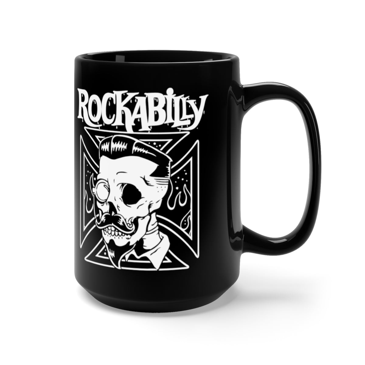 Rockabilly Hipster Monocle Skull Iron Cross Horror Coffee Mug, Black, 15oz