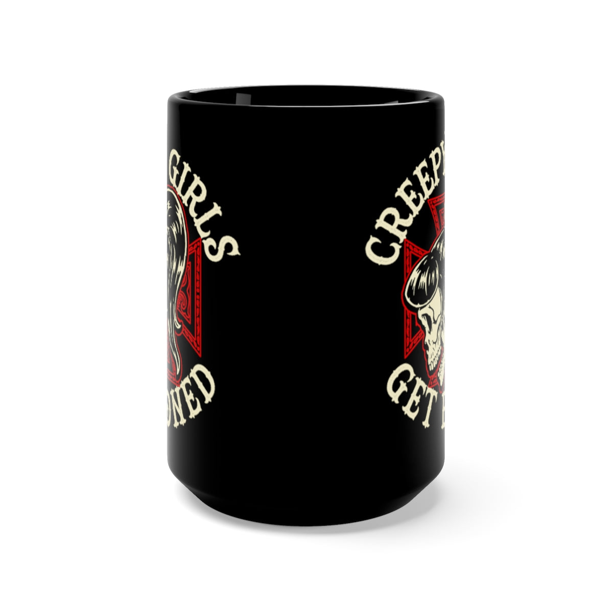 Creepy Girls Get Boned Skull Iron Cross Horror Coffee Mug, Black, 15oz