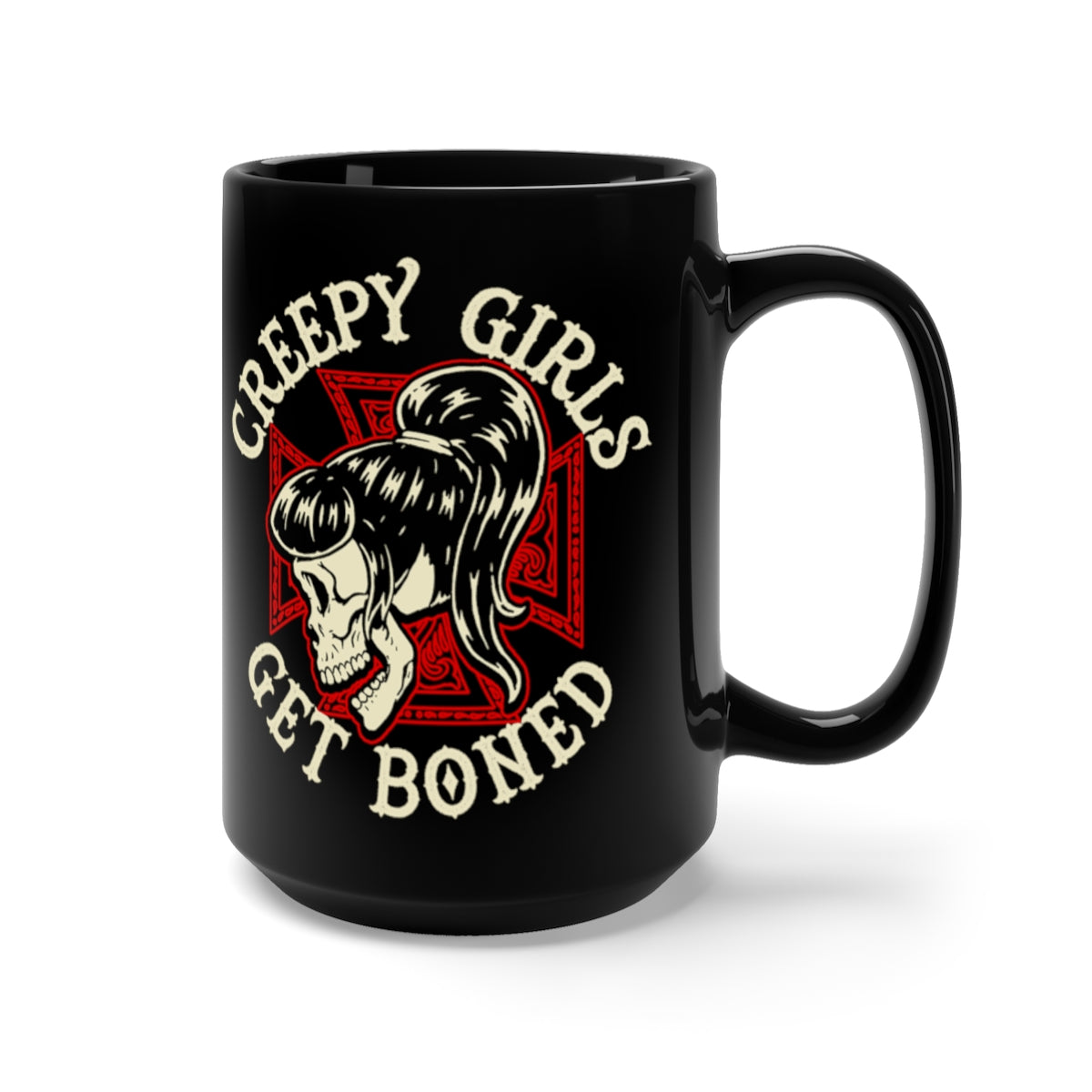 Creepy Girls Get Boned Skull Iron Cross Horror Coffee Mug, Black, 15oz