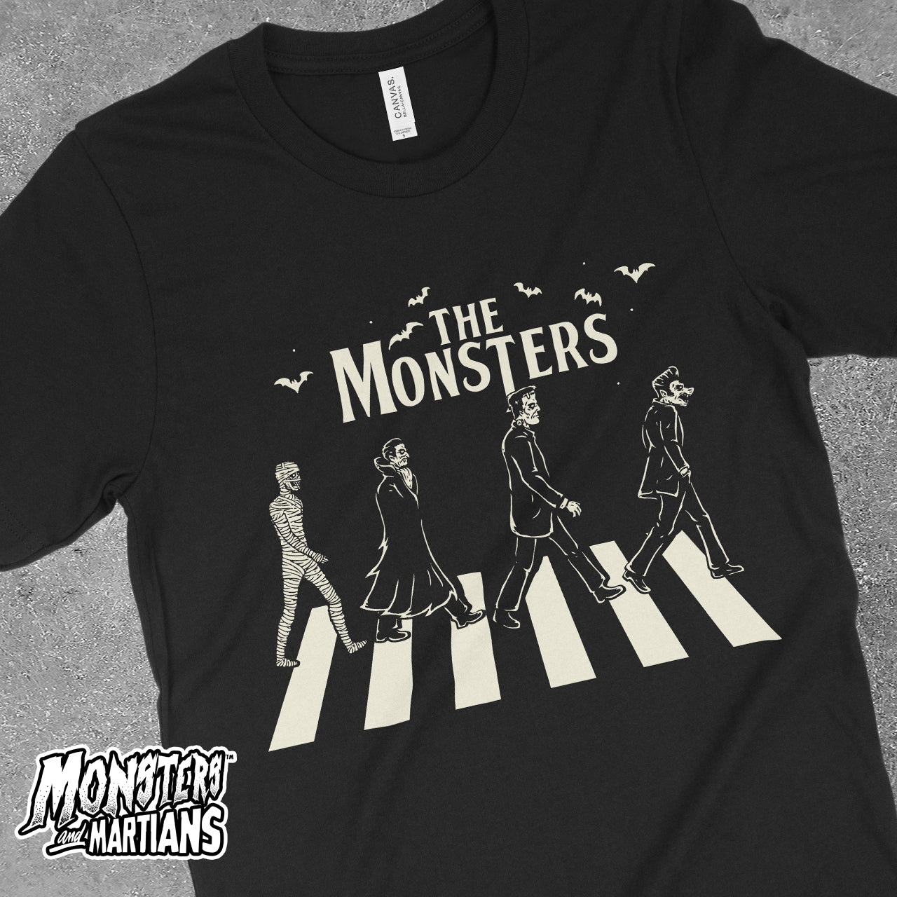 classic monsters shirt The Monsters" Abbey Road Crosswalk Classic Horror Black Tee – Monsters and Martians