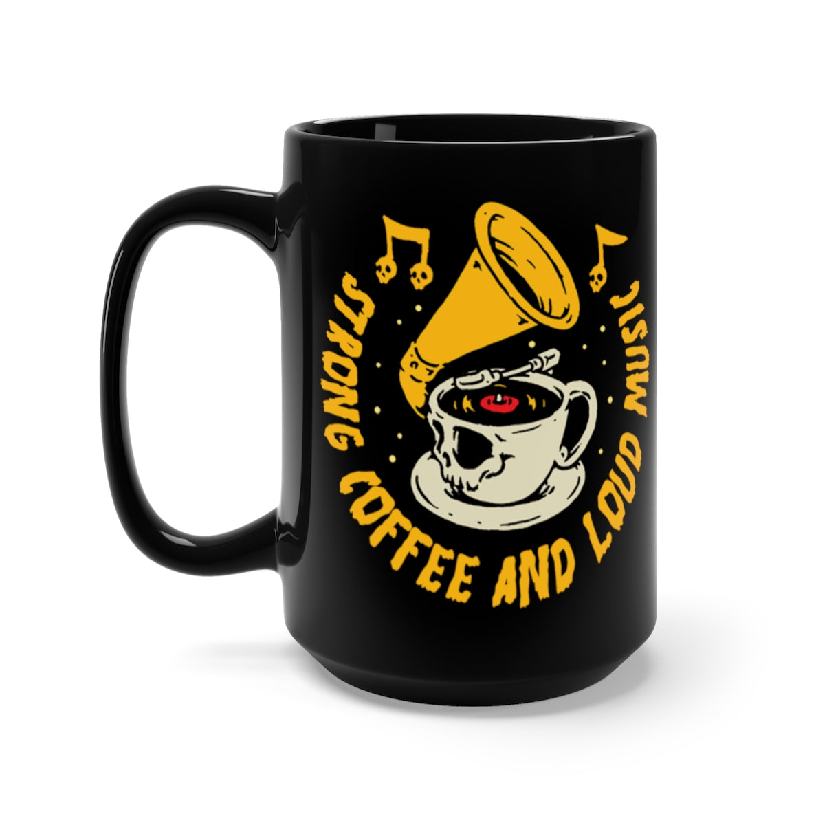 Strong Coffee and Loud Music Skull Mug Vinyl Record Player Coffee Mug, Black, 15oz