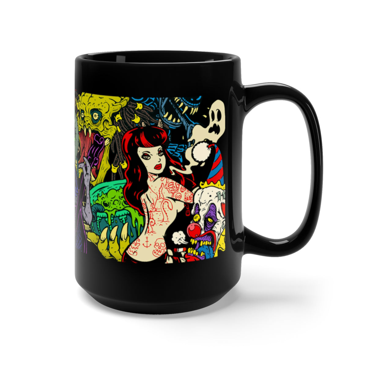 Monsters and Martians Zombies and Aliens Banner Horror Coffee Mug, Black, 15oz