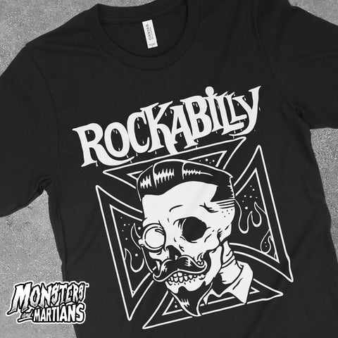 Rockabilly Pompadour Iron Cross Skull Horror Black Tee