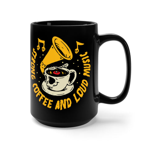 Strong Coffee and Loud Music Skull Mug Vinyl Record Player Coffee Mug, Black, 15oz