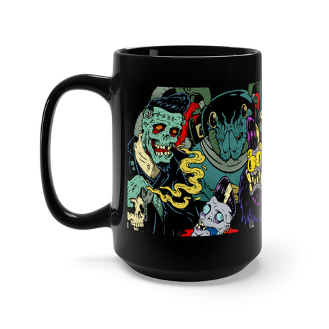 Monsters and Martians Zombies and Aliens Banner Horror Coffee Mug, Black, 15oz
