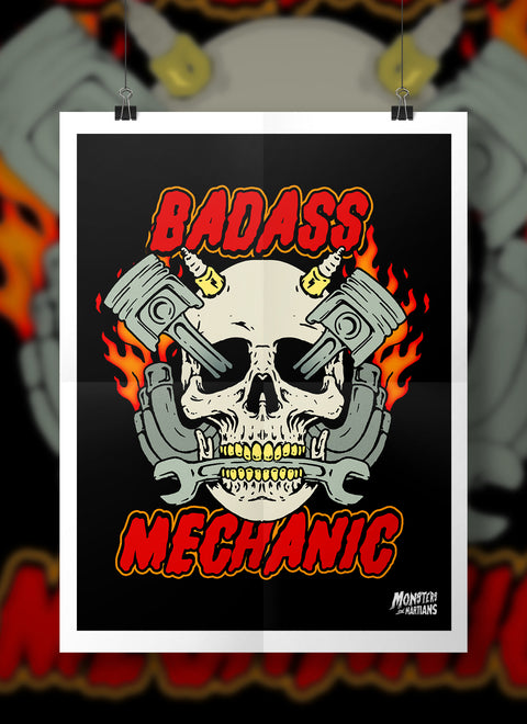 Badass Mechanic Spark Plug Piston Skull Horror Poster